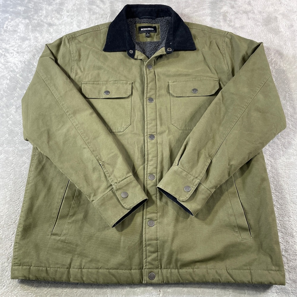 Bonobos Sherpa Lined Barn Jacket Mens Large Green Corduroy Collar Snap Pockets
